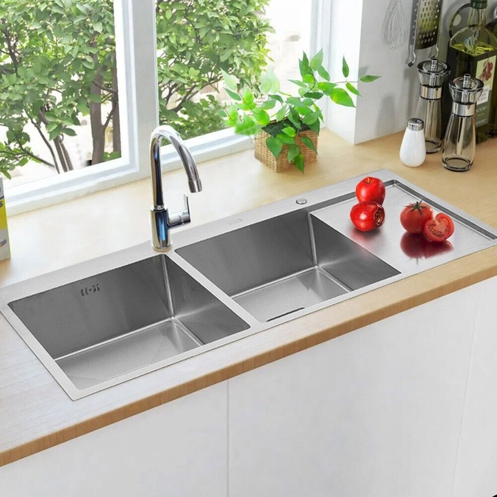 Chiuveta bucatarie, inox, fagure, Sofielsi HMD1200, argintiu, dreptunghiulara, 2 cuve, pozitionare cuva stanga, 120 x 50 cm, adancime cuva 22 cm