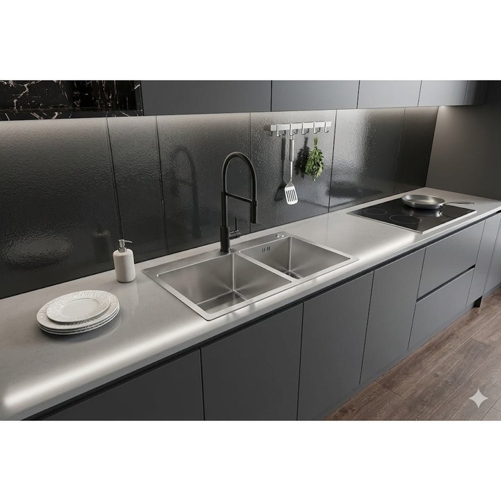 Chiuveta bucatarie, inox, fagure, Sofielsi HMD1140, argintiu, dreptunghiulara, 2 cuve, pozitionare cuva stanga / dreapta, 114 x 50 cm, adancime cuva 22 cm