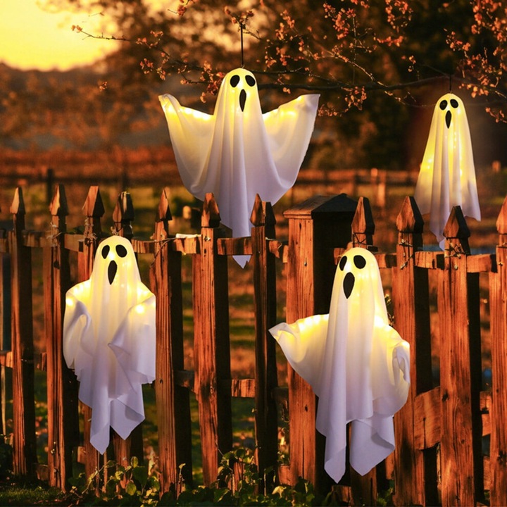 Halloween Függő Szellem Dekoráció LED Lámpásokkal, Fehér, 50x40cm