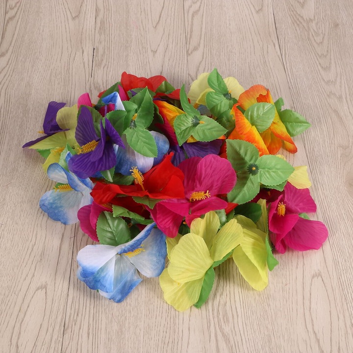 36 db többszínű műhibiszkusz virág szett, 12x12x6cm, hawaii parti dekoráció