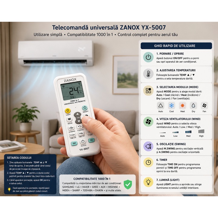 Telecomanda Universala A/C ZANOX®, 1000 in 1, Compatibila Multi Brand