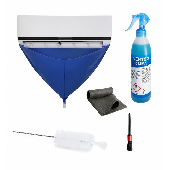 Kit complet Ventoo® pentru curatare si igienizare aparat de aer conditionat, husa de scurgere cu furtun, perie si laveta incluse, solutie pentru curatare si dezinfectare, eliminarea mirosurilor neplacute, 500 ml