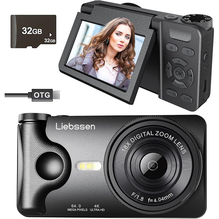 Liebssen Camera digitala 4K, 64MP cu autofocus, ecran rabatabil de 3.0 inch la 180°, portabila pentru foto si vlog, cu time-lapse si slow motion, 20 de filtre, ideala pentru creatori de continut pe social media, card TF de 32GB inclus
