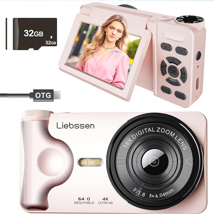 Camera digitala Liebssen 4K, 64MP, autofocus, ecran rabatabil de 3.0 inch la 180°, reincarcabila, portabila pentru fotografii si vloguri, cu time-lapse si slow motion si 20 de filtre, baterie 2000 mAh, card 32GB inclus, ideala pentru creatori de continut