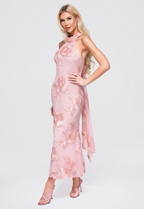 Rochie maxi cu decolteu halter, talie evidențiată și aplicații florale, Розов