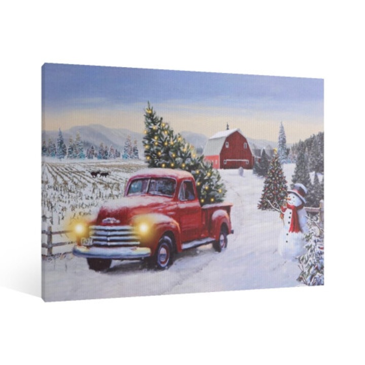 Платно картина Коледа винтидж, червен камион, зимен декор, 40x60см