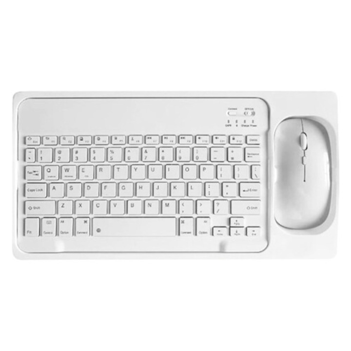 Vezeték nélküli Bluetooth billentyűzet és egér, hordozható, fehér, 26x13cm