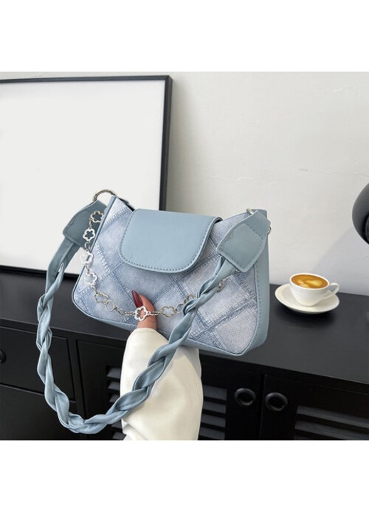Geanta dama casual PU, ajustabila, albastru cer si negru, 24x15x6cm