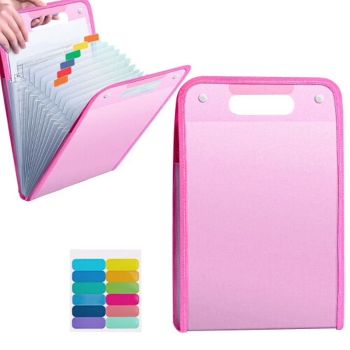 Dosar pliant cu 13 compartimente, roz, 36x24cm, organizator A4 impermeabil