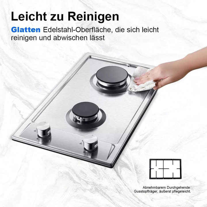 Beépíthető gázfőzőlap, YYEUGCT-S02, 2 égős, inox, 220 V elektromos gyújtás, lángbiztonság, földgáz/propán
