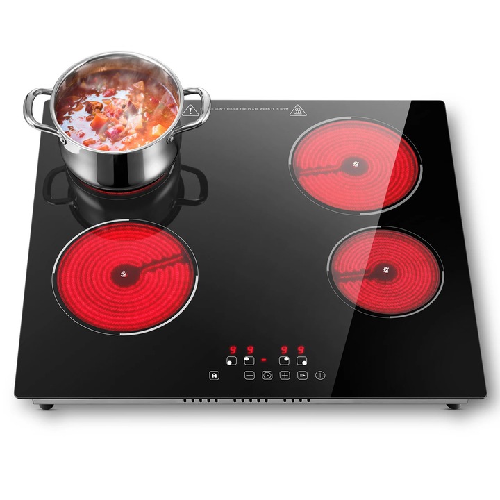 Kerámia főzőlap, 4 zónás, 60 cm, 6000 W, Érintésvezérlés, Időzítő, Automatikus kikapcsolás, Keret nélküli, 220 V és EU csatlakozó, Világosszürke