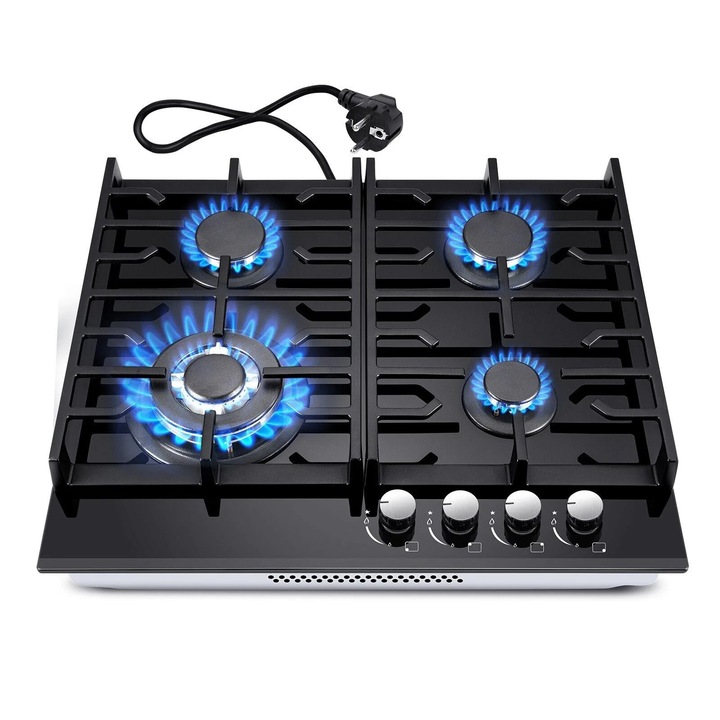 Plita pe gaz incorporabila, EUGCT-B04, 4 arzatoare, sticla securizata, arzator wok 3, 4 kW, aprindere electrica 220 V, gaz natural/propan, decupaj 560×480 mm