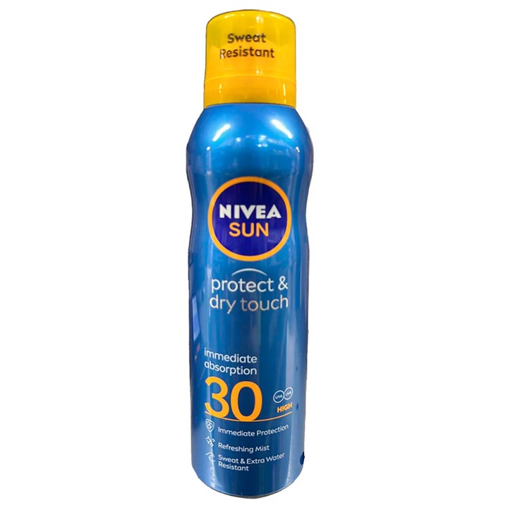 Spray Protectie Solara NIVEA SUN Protect & Dry Touch SPF 30, transparent, extra rezistent la apa si transpiratie, absorbtie rapida, 200 ml