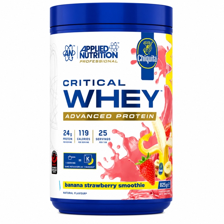 Tejsavófehérje, Critical Whey Advanced, Applied Nutrition, Chiquita Banana & Strawberry, 825 g
