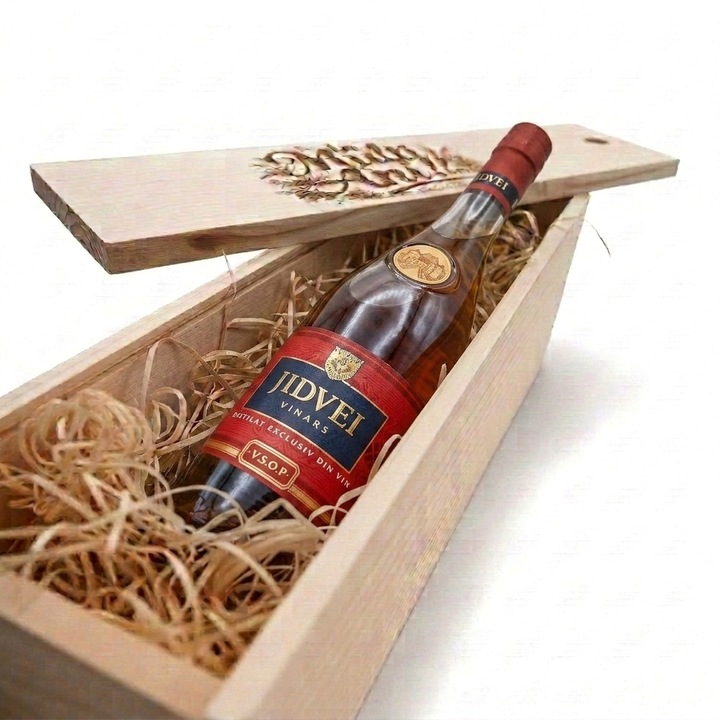 Pachet Cadou Cutie Lemn Personalizata Vinars Jidvei VSOP 42%, 0.7L
