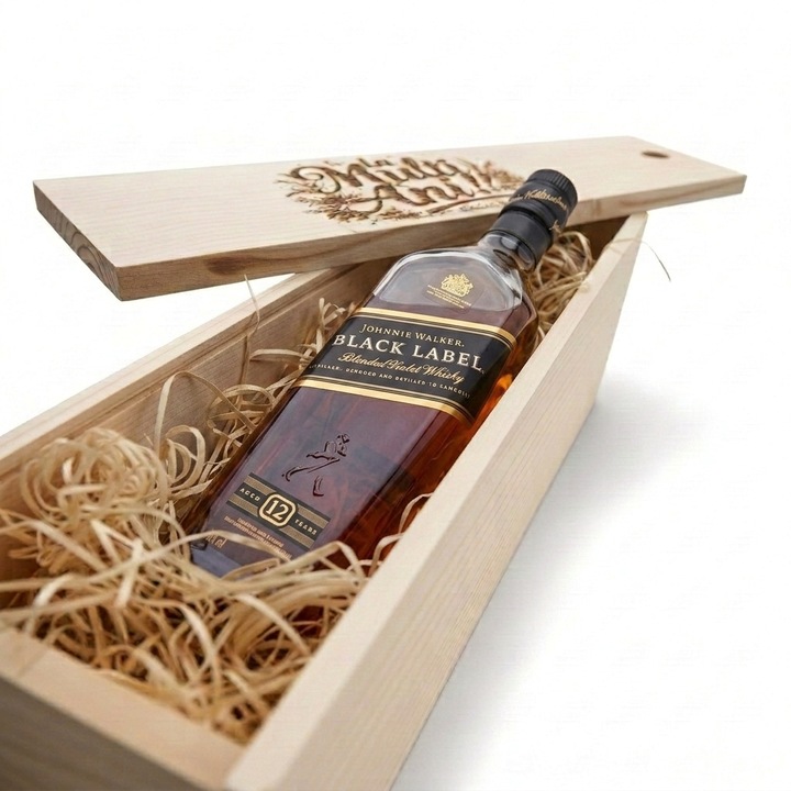 Pachet Cadou Cutie Lemn Personalizata Whisky Johnnie Walker Black Label 12 Ani 40% 1L