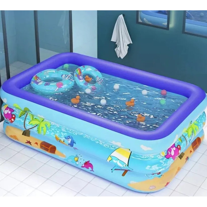 Promagg® téglalap alakú felfújható medence 3 gyűrűvel, 210x130x56 cm, gyermekeknek és családnak, tartós és könnyen összeszerelhető