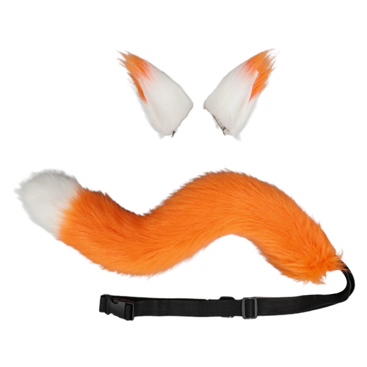 Set cosplay coada blana artificiala ajustabila colier piele manusi labe, handmade vulpe lup pisica