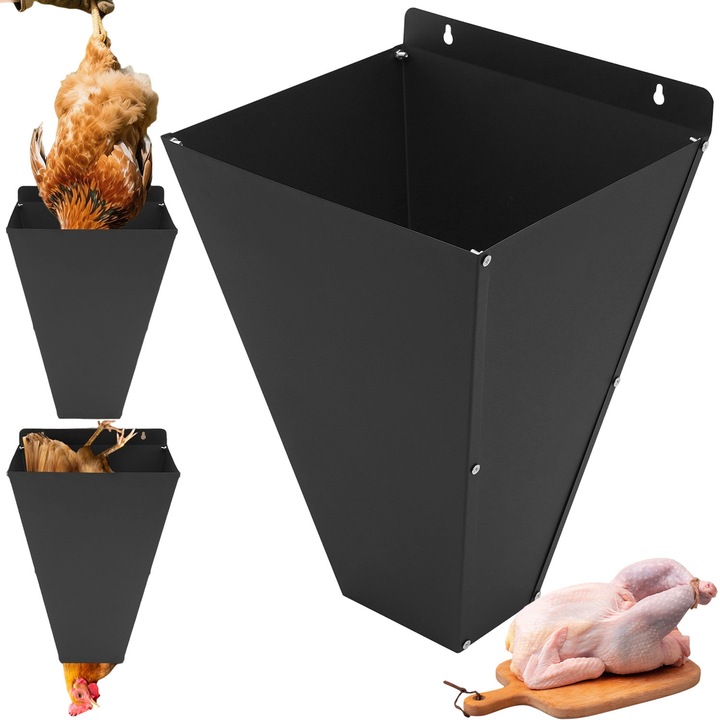 Rozsdamentes acél baromfi szorító kúp, fémből készült, rozsda- és korrózióálló, 3,6 kg baromfit képes befogadni, lapos hátú tölcsér kialakítás, nagyon hatékony és biztonságos, könnyen tisztítható, csirkékhez/kacsákhoz/libákhoz, 33,5*26*17,5cm
