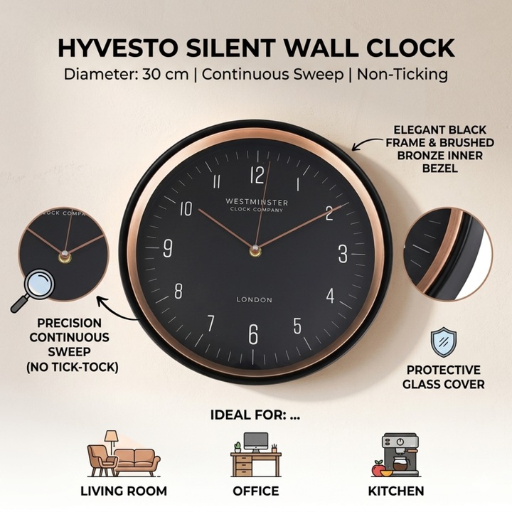 HYVESTO Csendes Falióra, 30 cm átmérő, Folyamatos, Tik-Tak Mentes Mechanizmus, Fekete Keret Bronz Szegéllyel, Elegáns Vékony Számok, Üveg Védelem, Nappaliba, Irodába vagy Konyhába