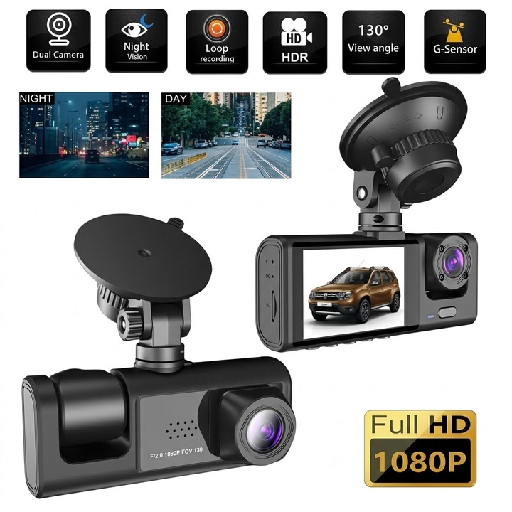 Camera Auto Tripla Dash Cam, Full HD 1080P, 3 Canale Inregistrare Simultana (Fata, Interior, Spate), Ecran LCD 2.0 inch, Senzor G, WDR, Mod Parcare, Vedere Nocturna, Negru