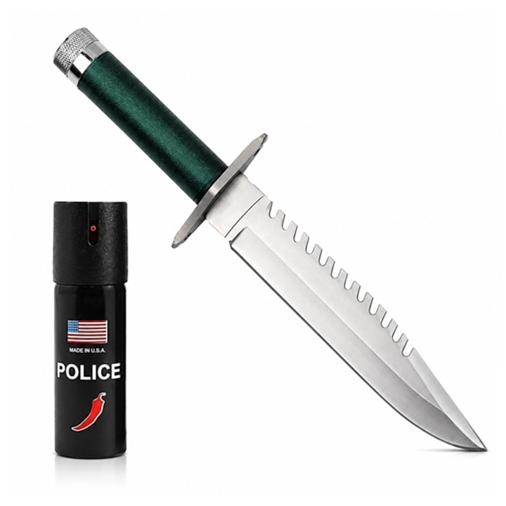 Set cutit de vanatoare si spray paralizant chili, DEPOX®, 35 cm/60 ml, teaca inclusa, verde/negru