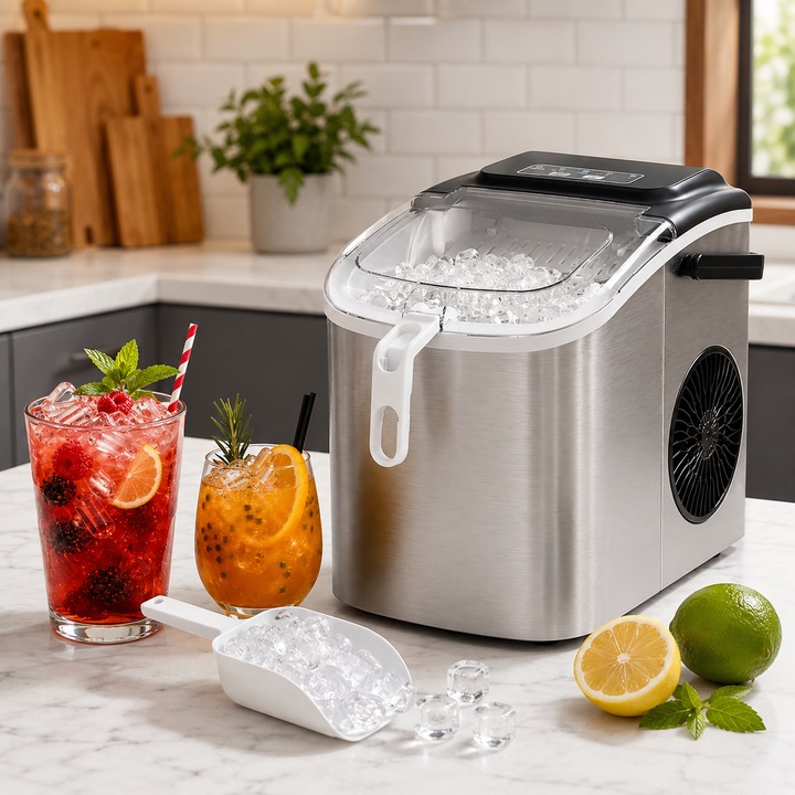 Masina de Cuburi de Gheata Profesional idealSTORE, Rezervor Apa 1.2L, Capacitate Generoasa 12KG, Productie Rapida, Doua Dimensiuni de Cuburi, Control Inteligent, Senzor Automat, Sistem de Racire cu Compresor, Design Modern