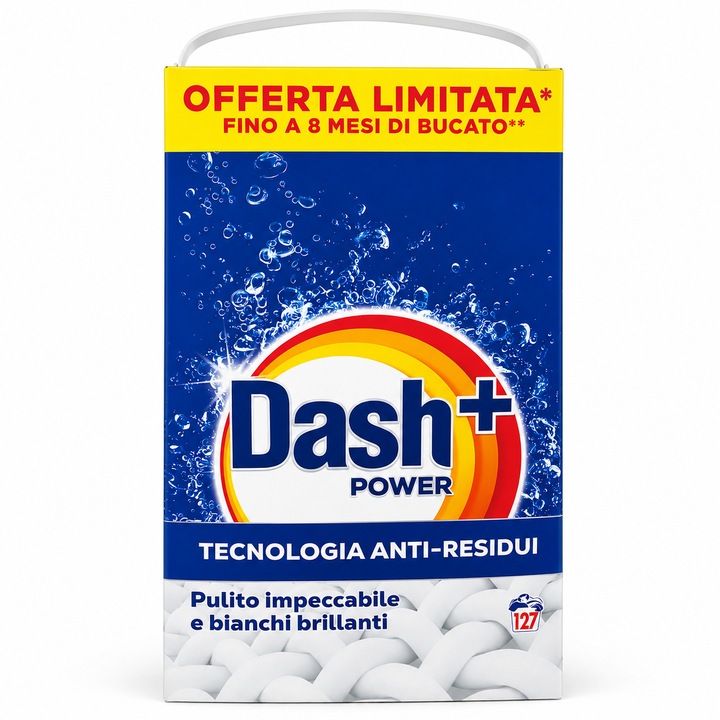 Detergent pudra Dash Power, tehnologie anti-reziduuri, pentru rufe albe si colorate, 127 spalari, 6.35 kg
