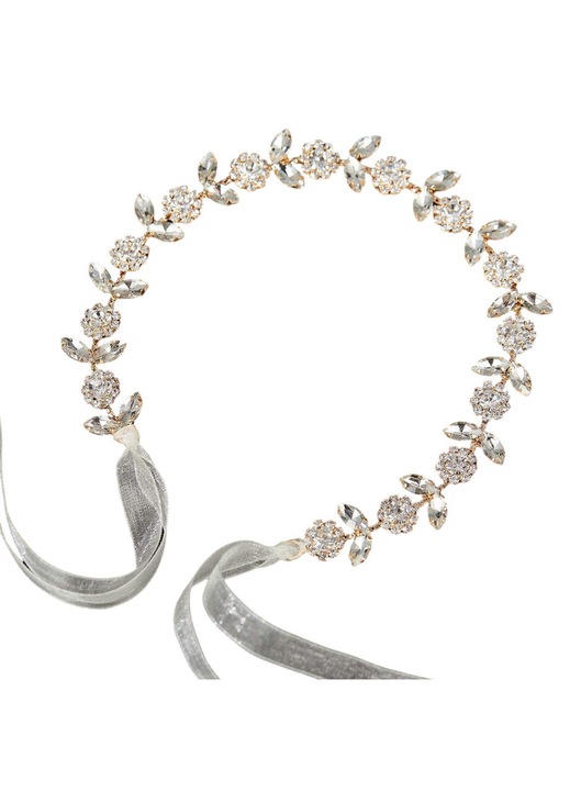 Diadema mireasa flori cristal frunze panglica dantela ajustabila aurie