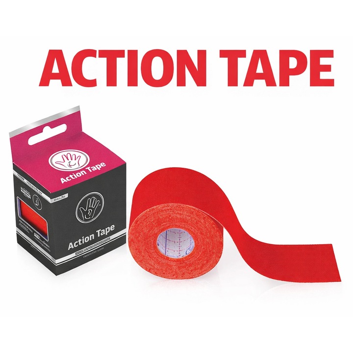 Banda kinesiologica Action Premium, Viscoza, Rosu, 5 cm x 5 m, Autoadeziva, Fara latex, 1 buc