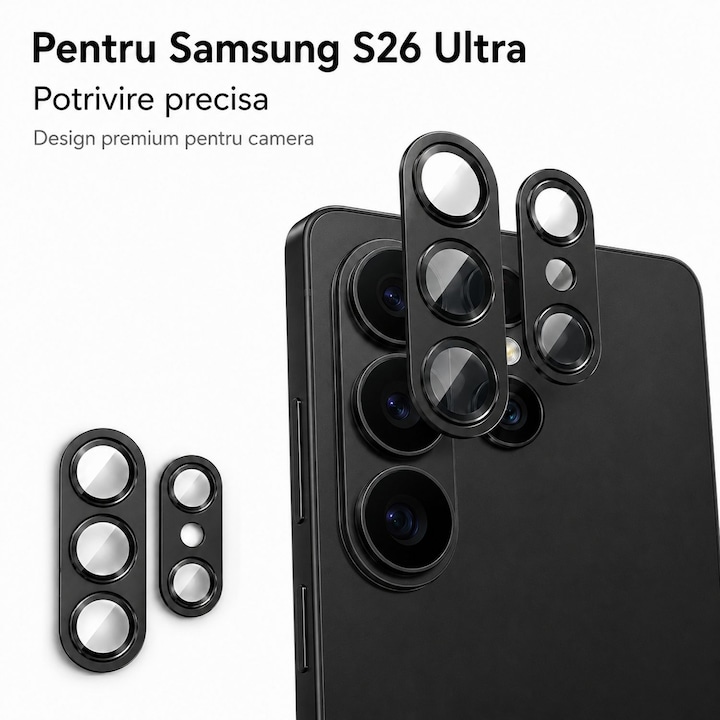 Folie Protectie Camera Pentru Samsung Galaxy S26 Ultra Ultra HD Din Sticla Securizata, Design Integrat Protectie Lentila, Carcasa Protectie Obiectiv Anti Amprente, Negru Mat