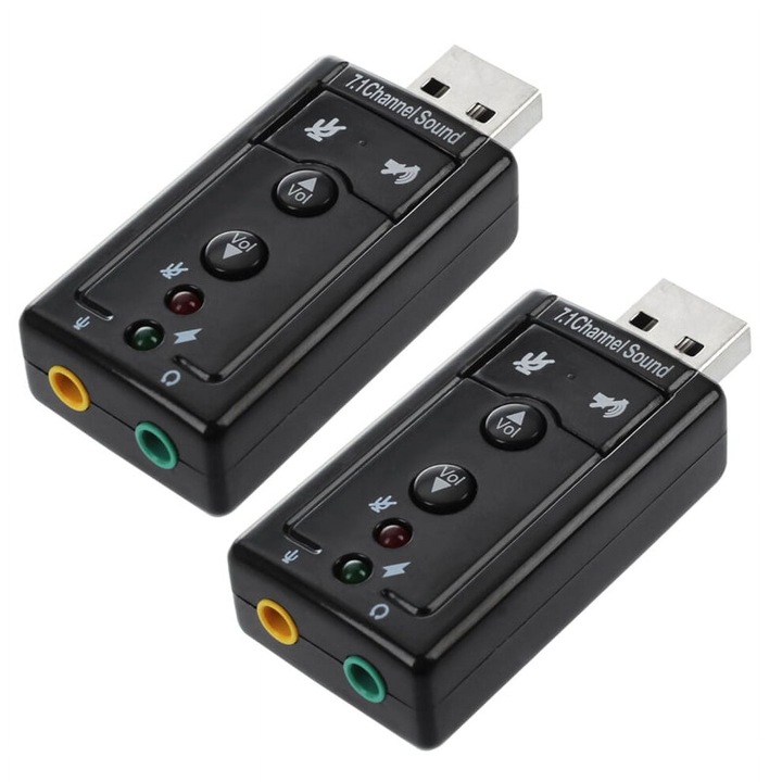 2 db külső USB 7.1 csatornás hangkártya szett, fekete, 5.7x2.5x1.3cm