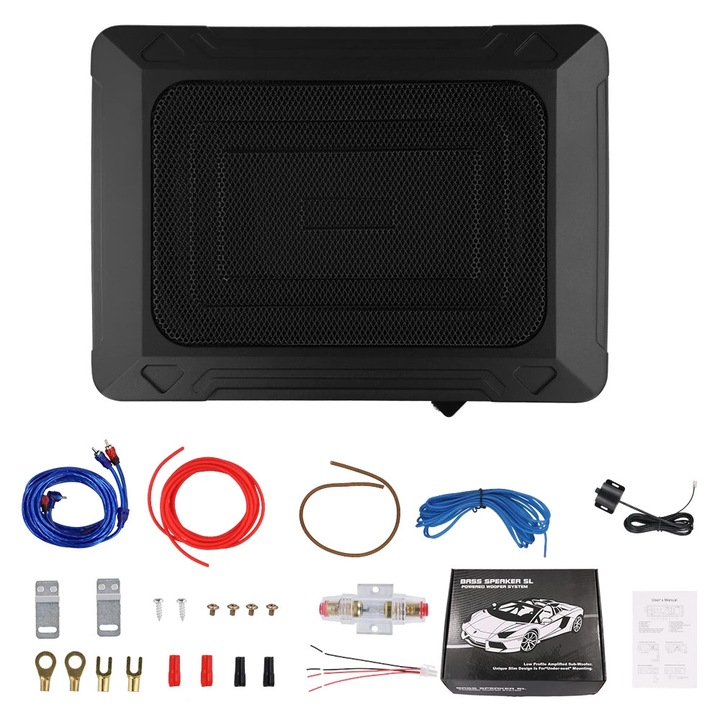 Автомобилен субуфер, Активен субуфер под седалка, 200 W RMS, Тънък дизайн, Алуминиев корпус, Мощен бас
