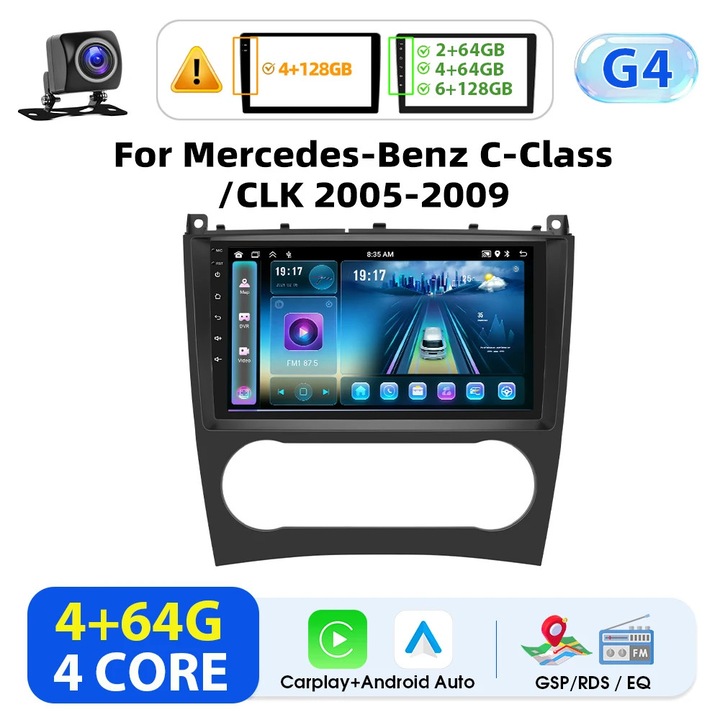 Radio auto Android, 2DIN, ecran tactil 23 cm, 4GB RAM 64GB ROM, GPS WiFi FM, 4x45W, ecran divizat, camera marsarier, Rosu