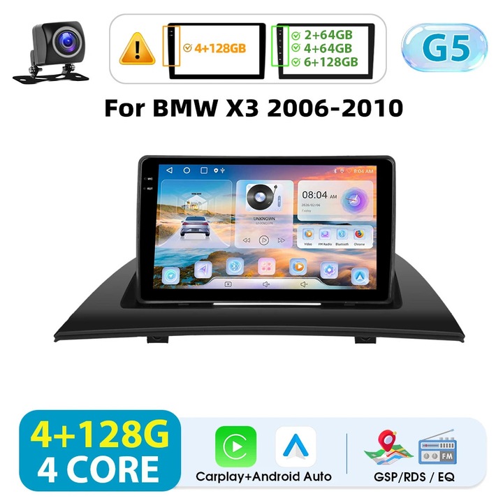 Radio auto pentru BMW X3 2006–2010, Android 2-DIN, ecran tactil 23 cm, CarPlay wireless, 4GB+128GB, GPS WiFi BT, camera marsarier, Galben