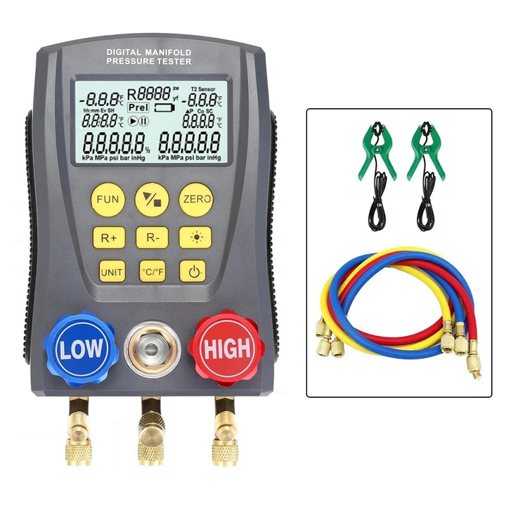 Manometru digital pentru refrigerare, Kit test presiune de vid, Masurare temperatura, Multifunctional, Ecran iluminat, Pentru aer conditionat si sisteme frigorifice