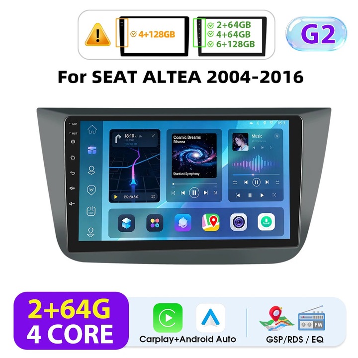 Radio auto pentru SEAT Altea 2004–2016, 2-DIN Android, Ecran tactil 23 cm, Rezolutie 1024×600, 2 GB RAM 64 GB ROM, GPS FM, Negru