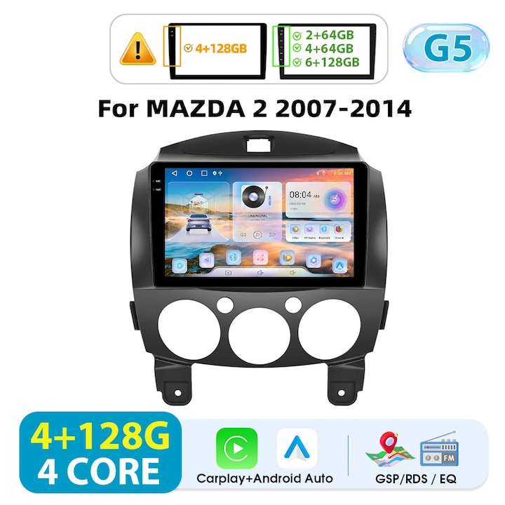 Radio auto, 2-DIN Android, ecran tactil 23 cm, CarPlay wireless, GPS WiFi FM, 2 GB RAM 64 GB ROM, 1024×600, 4G, Portocaliu