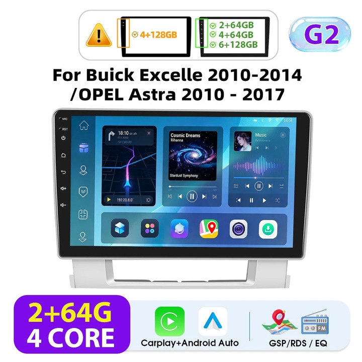 Autoradio pentru Buick Excelle 2010–2014, 2DIN Android, ecran tactil 22, 9 cm, CarPlay wireless & Android Auto, 2GB RAM 64GB ROM, 1024x600, negru