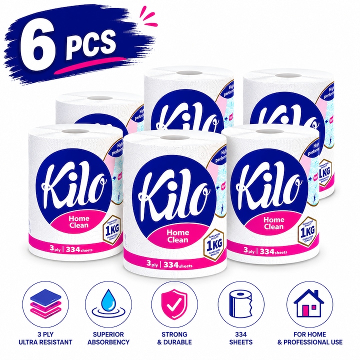 Pachet x 6 Prosop Hartie Profesional Kilo Home Clean, 3 Straturi, 334 Foi, Alb