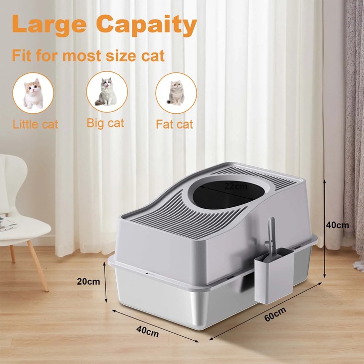 Litiera pentru pisici, inchisa cu capac, 60×40×39, 5 cm XL, pereti inalti, covoras si lopatica, plastic, argintiu