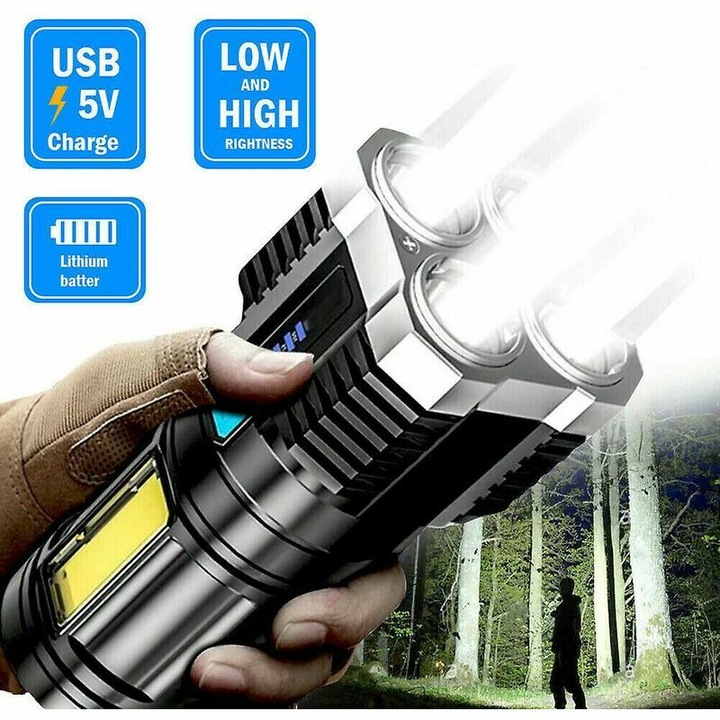 Lanterna LED super luminoasa, reincarcabila prin USB, lumina calda tactica (argintiu)