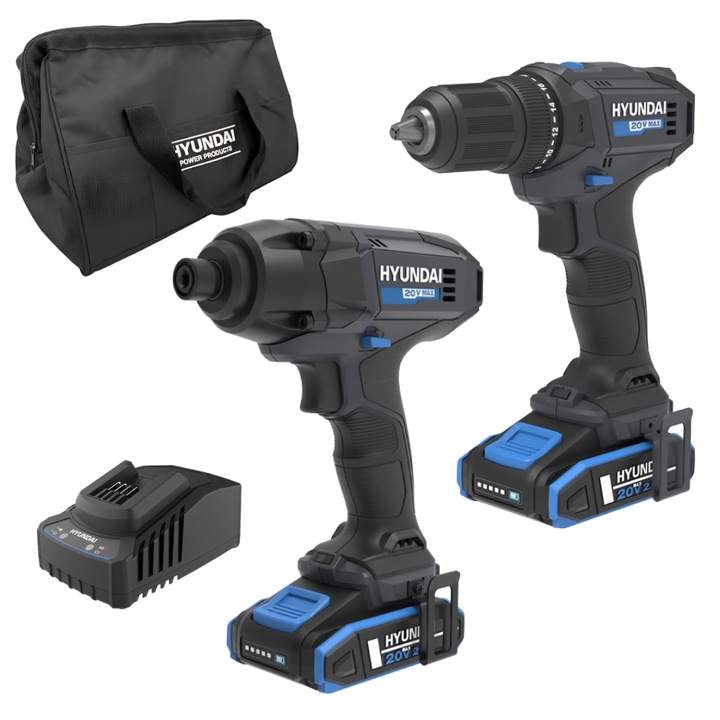 Set 2 scule Hyundai cu acumulator 20V, masina de gaurit si insurubat 40Nm, masina de insurubat cu impact 180Nm, 2 x acumulator 2.0Ah, incarcator + geanta transport
