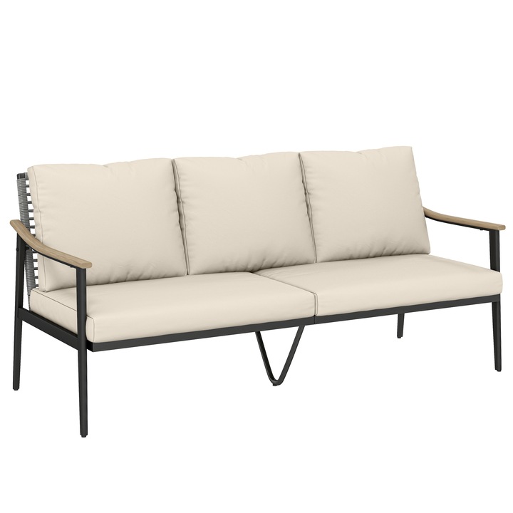 Canapea din ratan cu trei locuri, Outsunny, Rattan PE, Otel, 176 x 75 x 78 cm, Kaki
