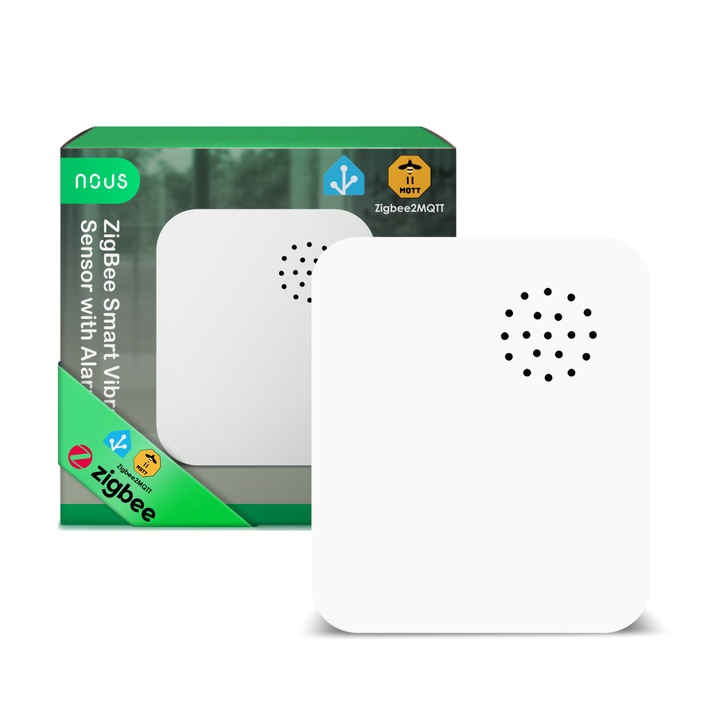 Senzor Vibratii Smart NOUS E14 Zigbee 3.0, alarma anti-efractie cu sirena puternica, notificari aplicatie, compatibil Alexa/Google Assistant