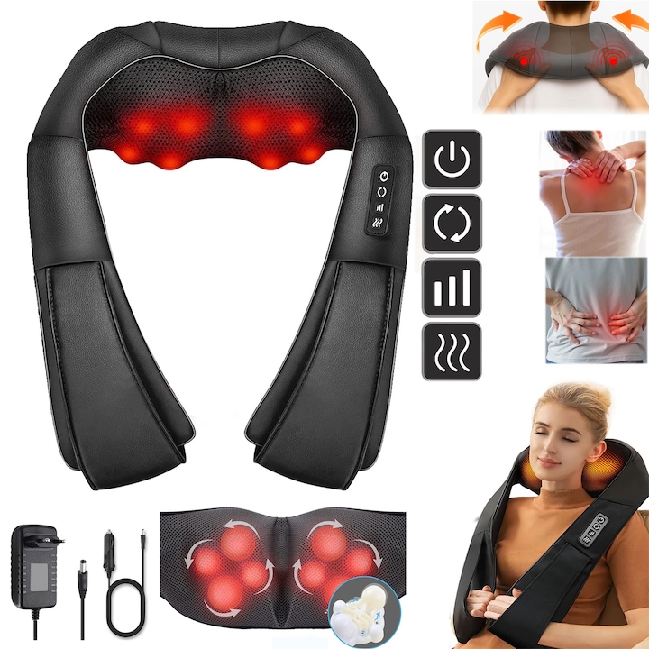 Nyakmasszírozó készülék, 3D gyúró funkcióval, hőfunkcióval, Ergonomikus kialakítás, kényelmes, relaxáló, csökkenti a stresszt, fáradtságot, nyakra, hátra, derékra és vállakra, időseknek, irodai dolgozóknak, diákoknak és sofőröknek, PU, U alakú, fekete