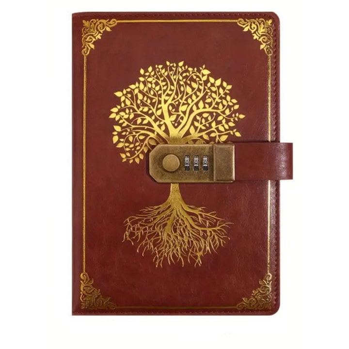Agenda típusú napló Eternal Lock Diary Doty® számzárral, piros színű ökológiai bőr borítóval, retro design az élet fájával arany nyomattal, 21.2x14.5cm, elegáns