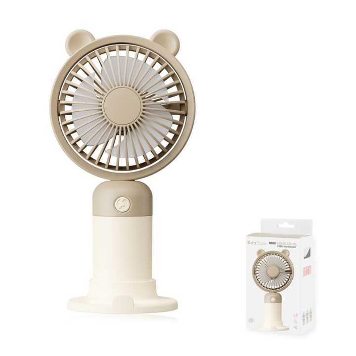Hordozható Ventilátor, Kézi, Akkumulátoros, USB Töltés, 17.2 x 8.6 cm, Krém