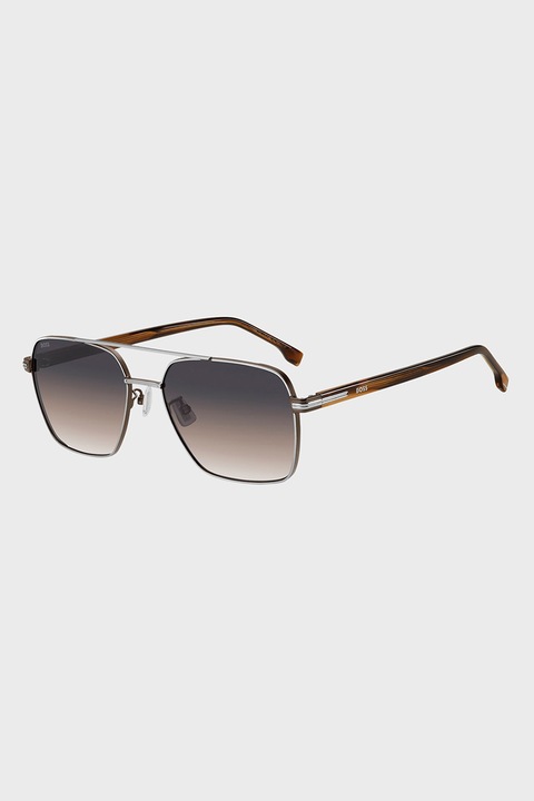 BOSS, Ochelari de soare aviator cu logo, 58-17-150, Negru stins/Maro Siena/Argintiu