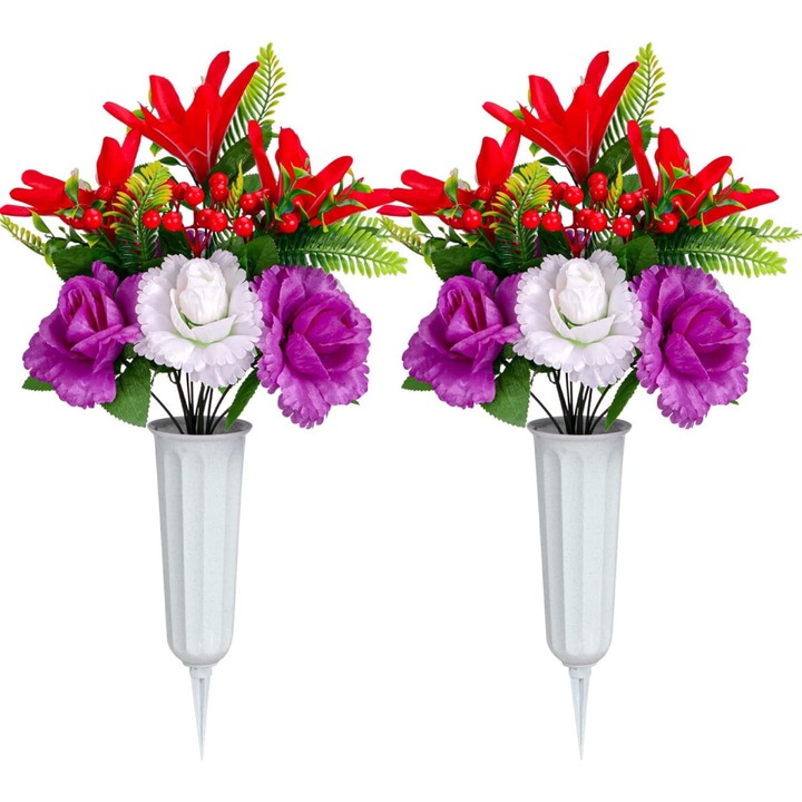 Flori artificiale memoriale cu vaza OEM, rosu alb mov, 50x25cm